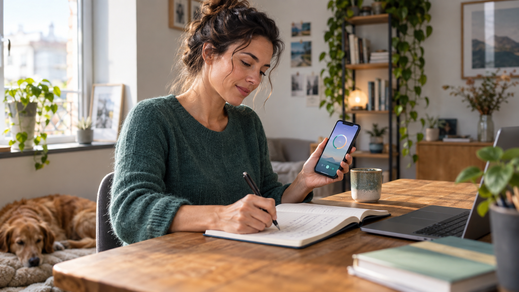 Une participante réalise un exercice guidé EQFlow avec son téléphone et un carnet